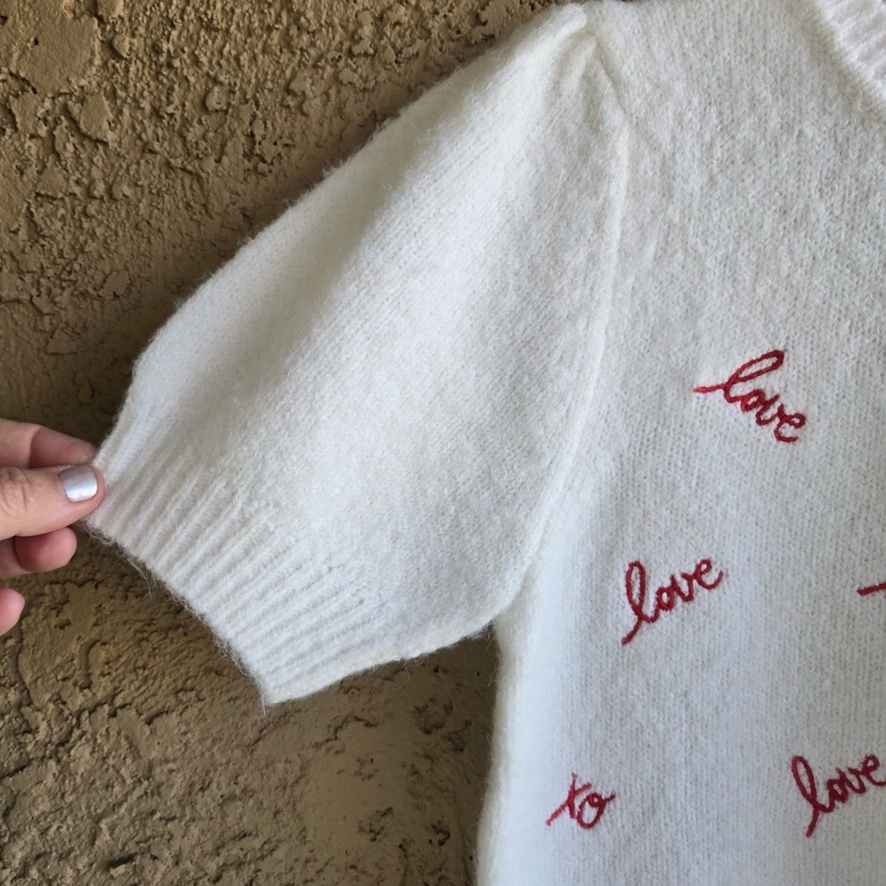 Cynthia Rowley Love Script Sweater White & Red Embroidered Puff Sleeve NWT XS - Picture 2 of 8
